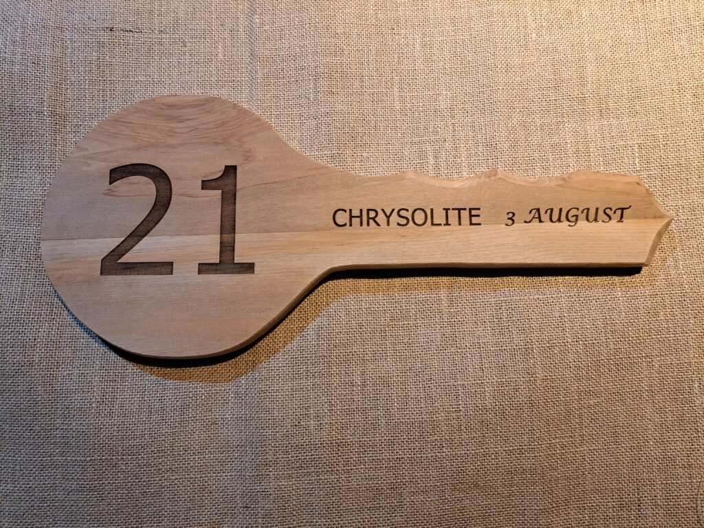 Wooden key for 21st birthday laser engraved